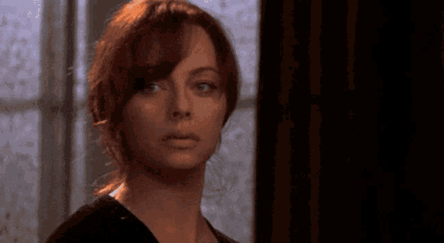 a woman with red hair is standing in front of a window looking at the camera .