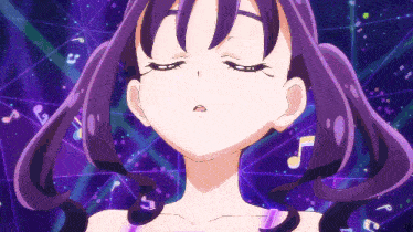 a girl with purple hair is standing in front of a purple background with music notes