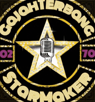 a black and gold logo with a star and a microphone in the center