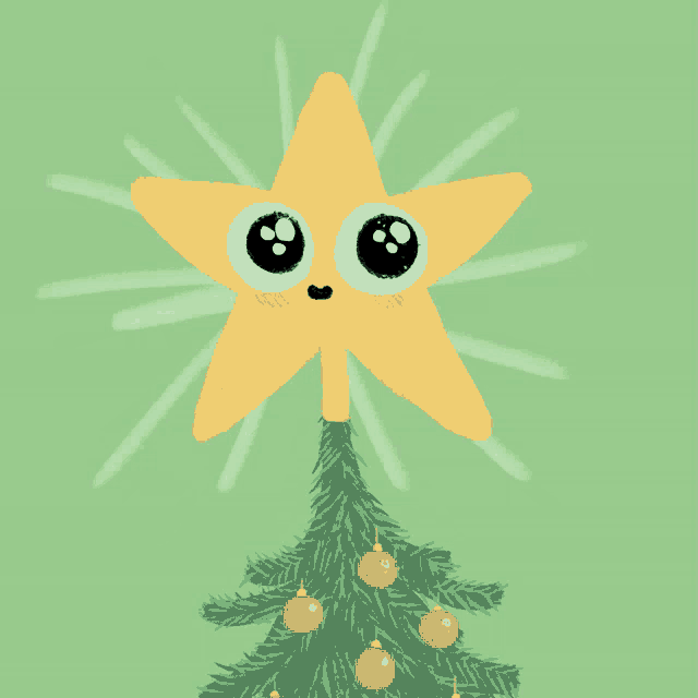 a yellow star with big eyes is on top of a green christmas tree