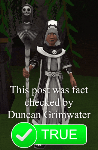 a video game character with a skull on his head and a check mark that says true