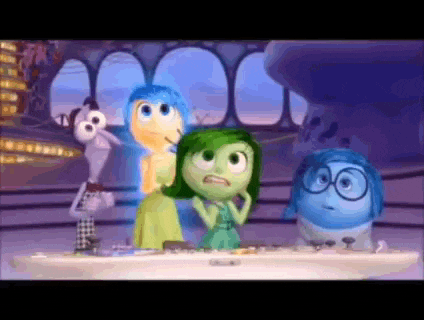 a group of cartoon characters are standing around a table looking at something .