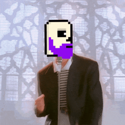 a man in a suit singing into a microphone with a pixelated letter r in front of his face