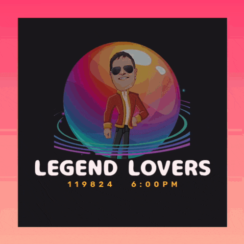 a poster for legend lovers shows a man standing in front of a colorful sphere