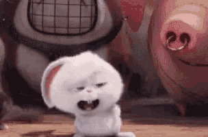 a rabbit from the secret life of pets is standing on a wooden floor with its mouth open .