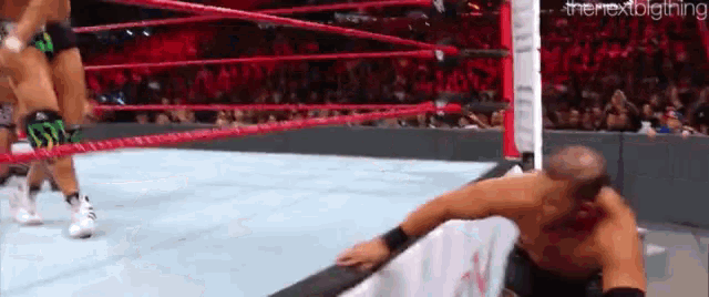 a wrestling match is taking place in a ring with a crowd in the background .