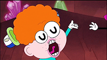 a cartoon character with a big u on his eyes is pointing at something