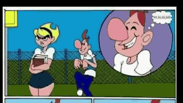 a cartoon of a man with a big nose and a woman standing next to him .