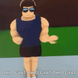 a cartoon character wearing sunglasses and a blue tank top is walking down the street .