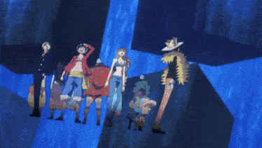 a group of anime characters are standing in front of a blue wall