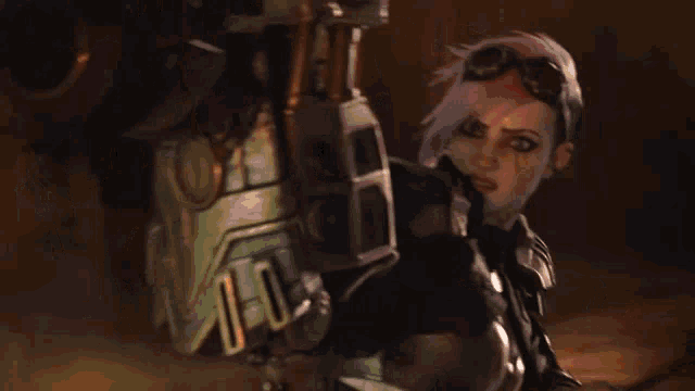 a woman with pink hair is holding a gun in a dark room .