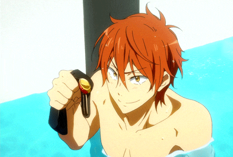 a shirtless anime character with red hair is holding a key