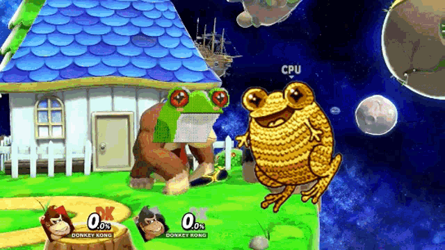 donkey kong and a frog are playing a video game .