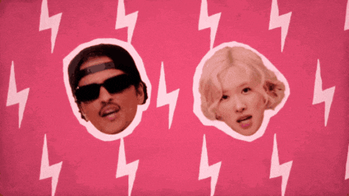 a man and a woman are cut out of a pink background with lightning bolts