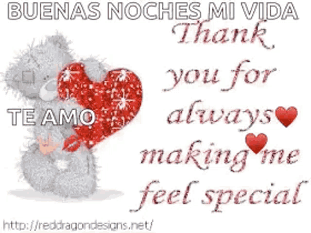 a teddy bear holding a red heart that says buenas noches mi vida