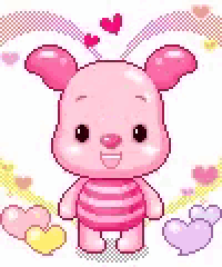 a pixel art of a piglet surrounded by hearts .