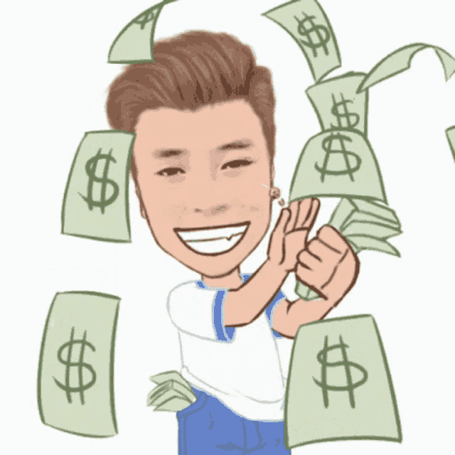 a cartoon of a man holding a stack of money