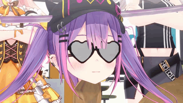 a purple haired anime girl wearing heart shaped sunglasses and a hat with the letter c on it