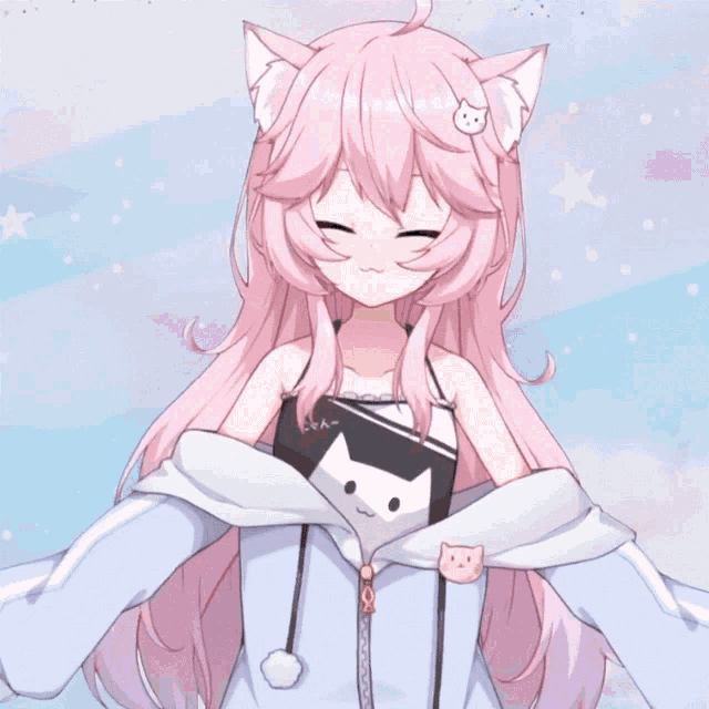 a girl with pink hair has a cat ear and a cat on her shirt