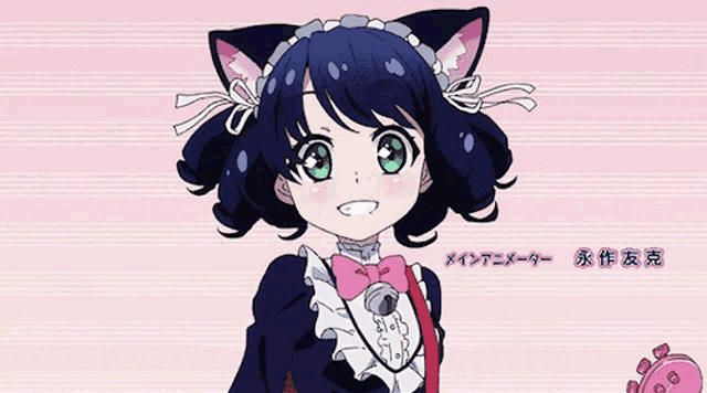 a girl with blue hair and cat ears is wearing a dress