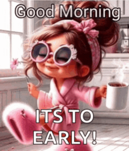 a little girl wearing sunglasses and a robe is holding a cup of coffee .