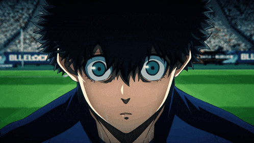 a close up of a person 's face with a blue sign in the background that says bluelocky