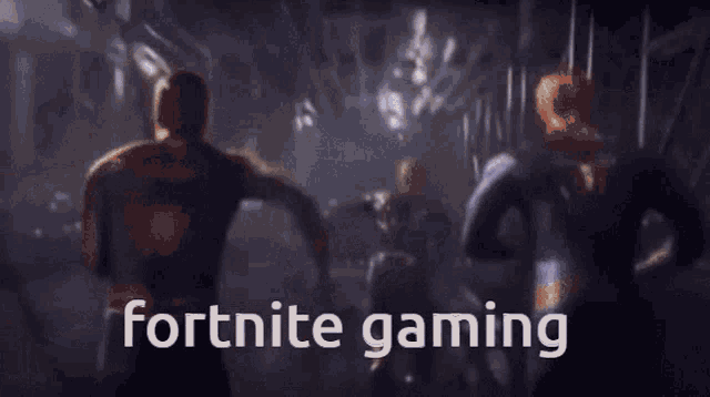 a group of spidermans are holding hands in a dark room with the words fortnite gaming written on the bottom