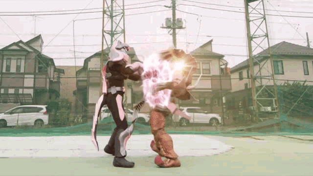 a cartoon character is fighting another cartoon character on a tennis court .