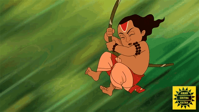 a cartoon of a man swinging on a rope with the words amar chitra katha written below him
