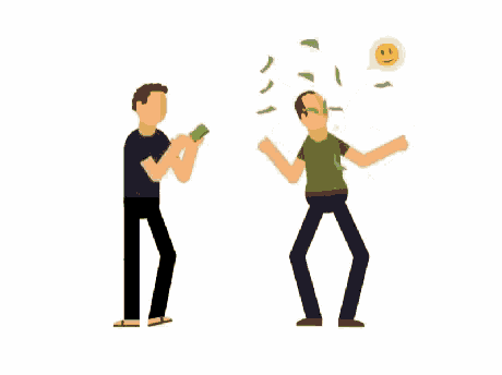 a man throws money at another man who is holding a smiley face