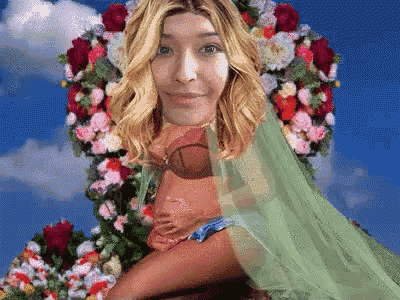 a woman in a green dress is surrounded by flowers and a blue sky