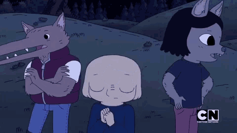 three cartoon characters standing next to each other with the cn logo on the bottom right
