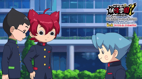 three cartoon characters are standing in front of a building with chinese writing on the top