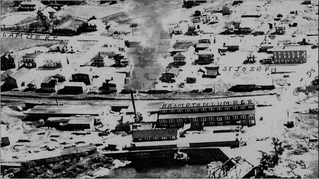 an aerial view of brampton lumber is shown in a black and white photo