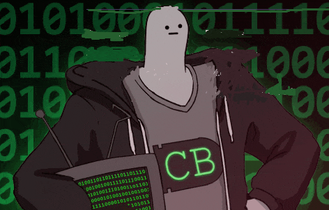 a cartoon character holding a cb sign in front of a green background