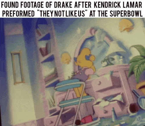 a picture of a room with the words found footage of drake after kendrick lamar preformed they not like us at the superbowl