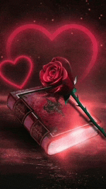 a red rose is sitting on top of a book in front of a heart .