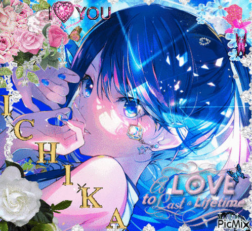 a picture of a girl with blue hair surrounded by flowers and the words love to last lifetime