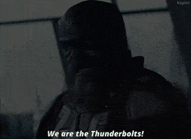 a man with a beard is wearing a helmet and saying we are the thunderbolts .