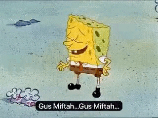 a cartoon of spongebob squarepants is standing in the sand with his eyes closed and smiling .