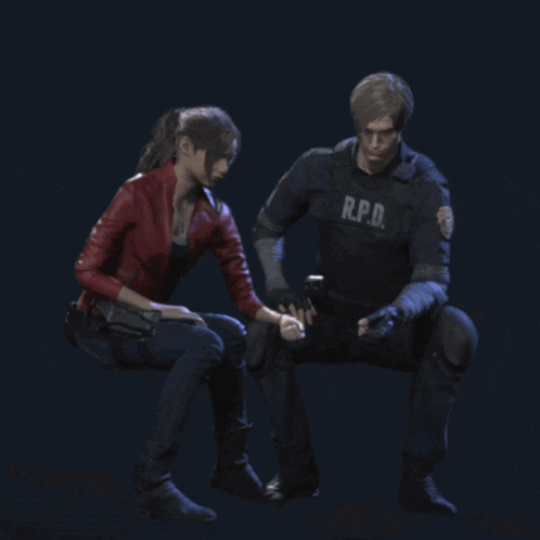 a man in a r.p.d uniform sits next to a woman in a red jacket