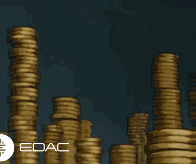 a stack of gold coins with a edac logo in the corner