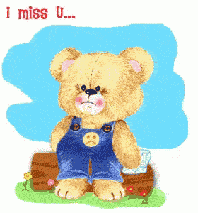 a teddy bear sitting on a log with the words i miss u.