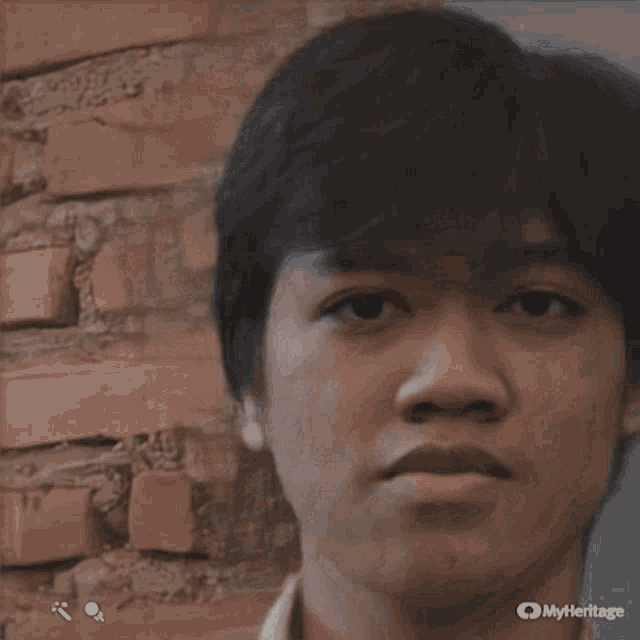a close up of a young man 's face with a brick wall in the background and the words myheritage on the bottom