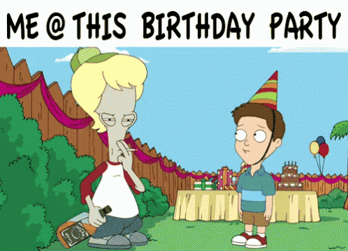 a cartoon of a man smoking a cigarette next to a boy wearing a party hat