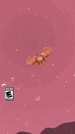 a cartoon monkey is flying through a pink circle on a dark background