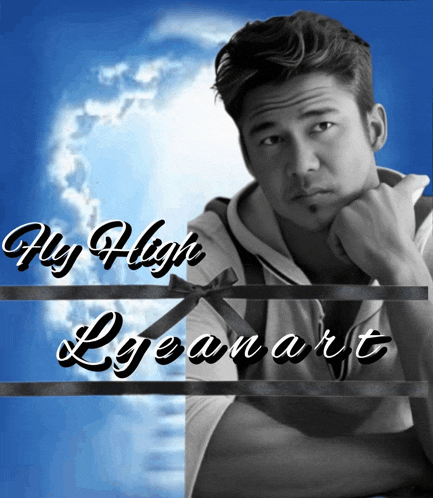a black and white photo of a man with the words fly high lyeanart written above him