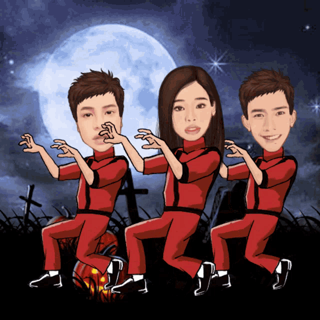a cartoon of three people in red jumpsuits dancing in front of a full moon