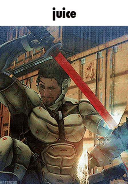 a video game character is holding a red sword with the word juice above him