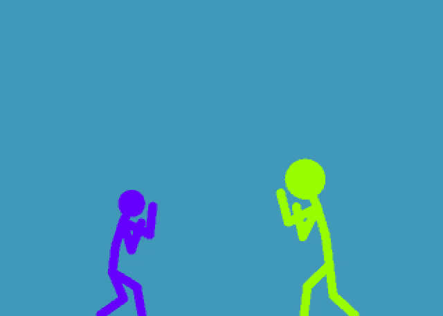 a purple stick figure and a green stick figure are flying through the air